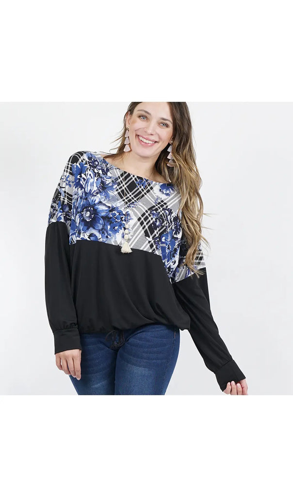 Plus Size Block Drawstring Blouson Top (BlackNavy)