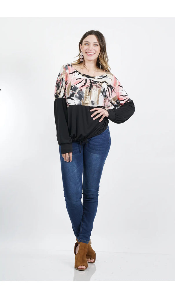 Plus Size Block Drawstring Blouson Top (BlackMauve)