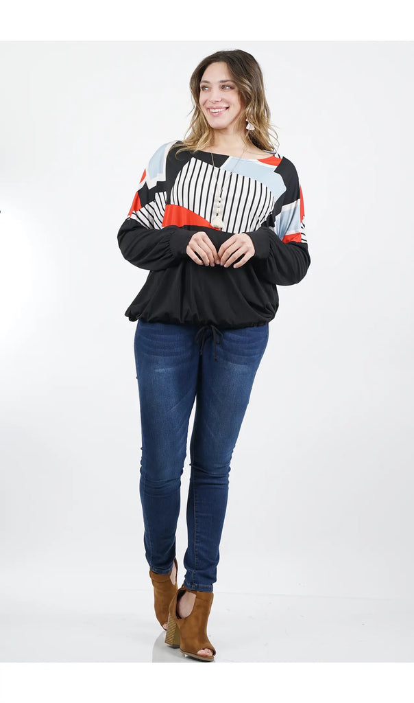 Plus Size Drawstring Blouson Top (BlackRed)