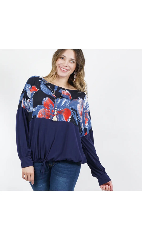 Plus Block Drawstring Blouson Top (NavyCoral)