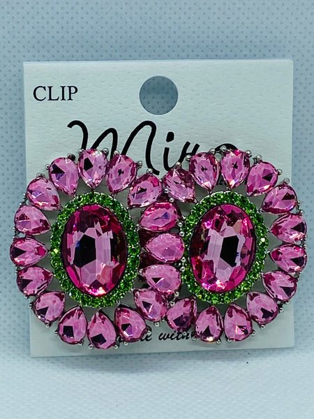 Oval Shaped Green and Pink Earrings (Clip On)