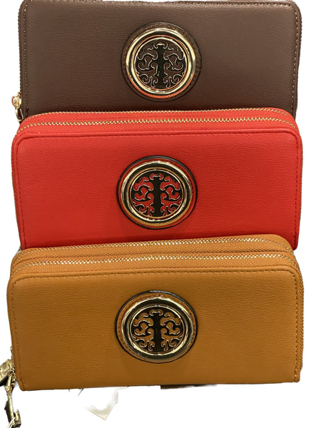 Fashion Faux Leather Emblem Double Zipper Wallet