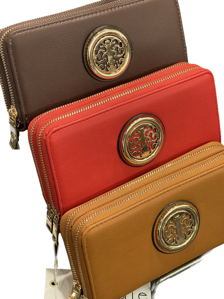 Fashion Faux Leather Emblem Double Zipper Wallet