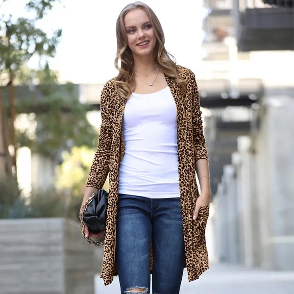 Camel Long Sleeve Leopard Open Cardigan