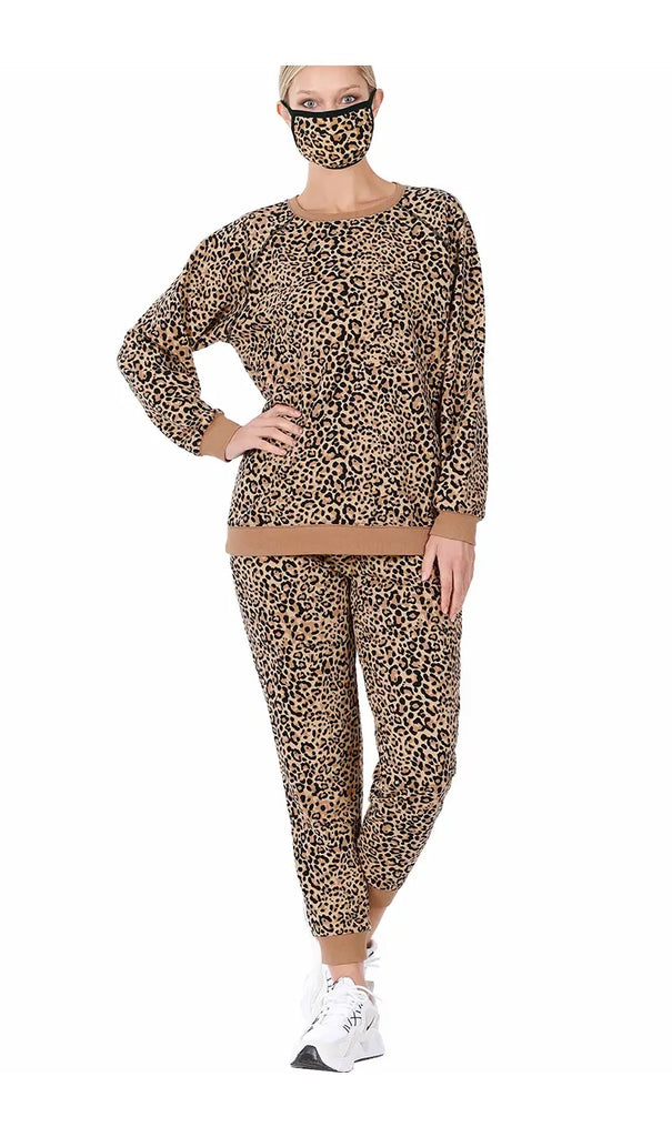 Leopard Pullover & Jogger /w Mask 3PC SET (Camel)