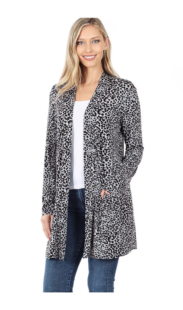 Grey Long Sleeve Leopard Open Cardigan