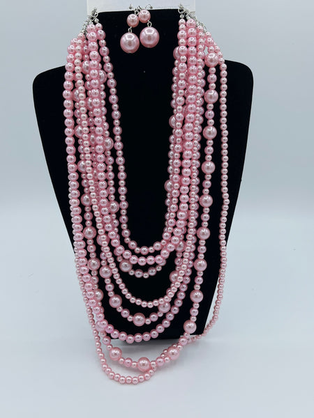 Multi-Rope Fashion Pearl Necklace (Pink)