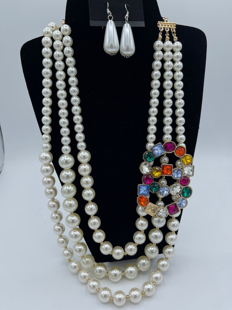 Fashion Pearl Necklace with Multi-Color Gems
