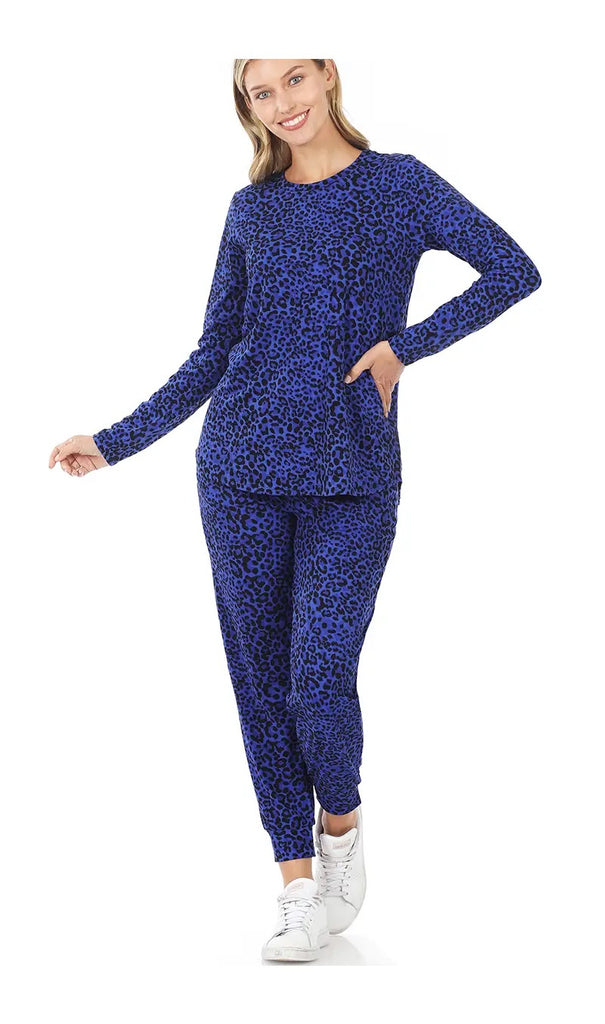 Microfiber Leopard Print Top & Jogger 2PC Set (Bright Blue)