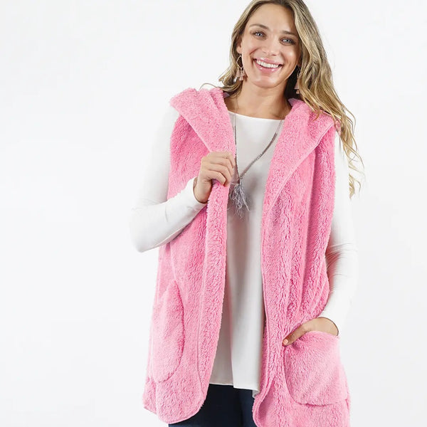 Plus Size Faux Fur Pocket Hooded Vest (Pink)